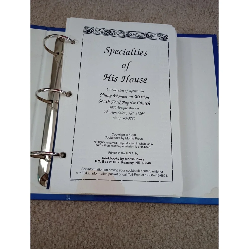 Recipes Cookbook South Fork Baptist Church Winston Salem, NC 1998‎ Binder